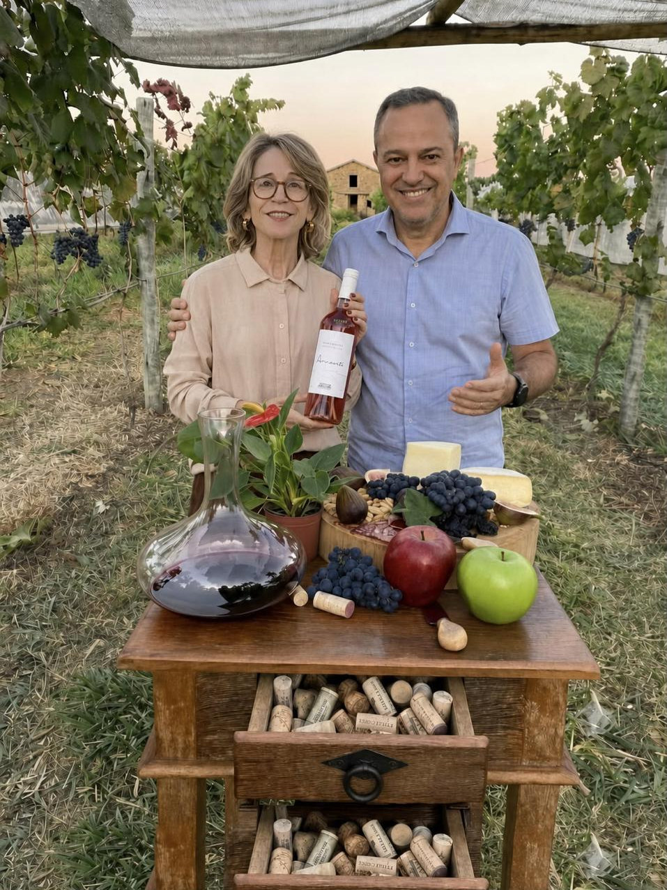 O casal fundador da vinícola, entre as fileiras do parreiral, apresenta uma garrafa do rosé sobre uma mesa posta com queijos, frutas e um decanter